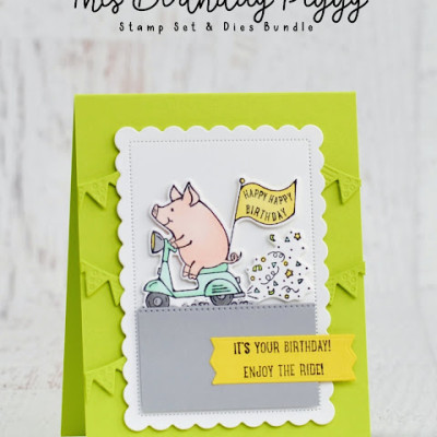 Cute little piggy on a scooter! | Stampin’ Up! This Birthday Piggy Bundle