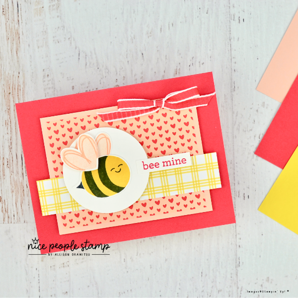 Valentine's Day card featuring an adorable stamped bee and sentiment that says "bee mine". The colours used are Sweet Sorbet, Petal Pink, and Daffodil Delight. 