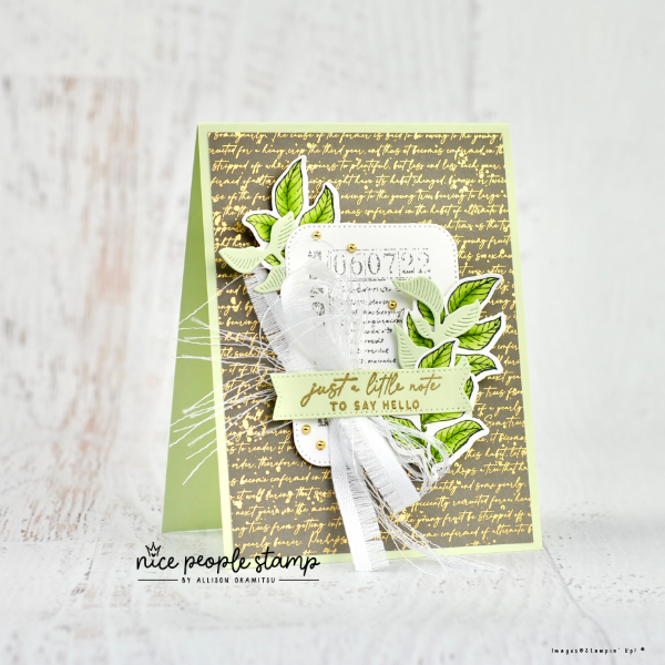 Card featuring Stampin' Up! Notes of Nature Bundle. Card has gold accents, hand coloured leaves, and layered cotton ribbon bow. Sentiment reads 'just a little note'. 