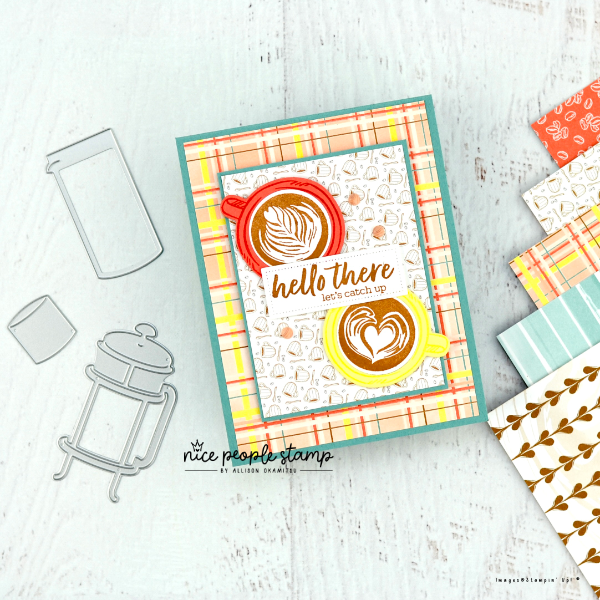 Image of a fun fold card with two lattes on the front and a sentiment that reads 'hello there let's catch up'. Surrounding the card are items from the Latte Love Suite from Stampin' Up! that were used to make the card.