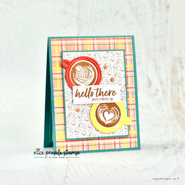 Image of a fun fold card with two lattes on the front and a sentiment that reads 'hello there let's catch up'. Handmade card has been made with the Latte Love Suite from Stampin' Up! 