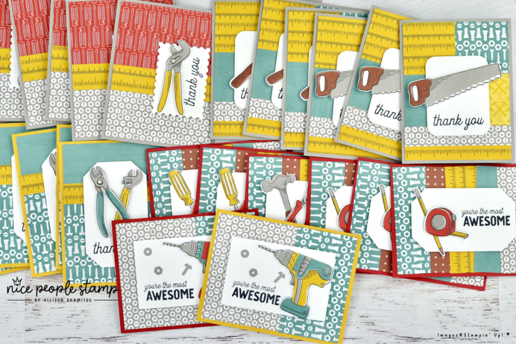 Image of 26 handmade cards using the Trusty Tools Bundle of stamps and dies and Trusty Toolbox designer paper. 