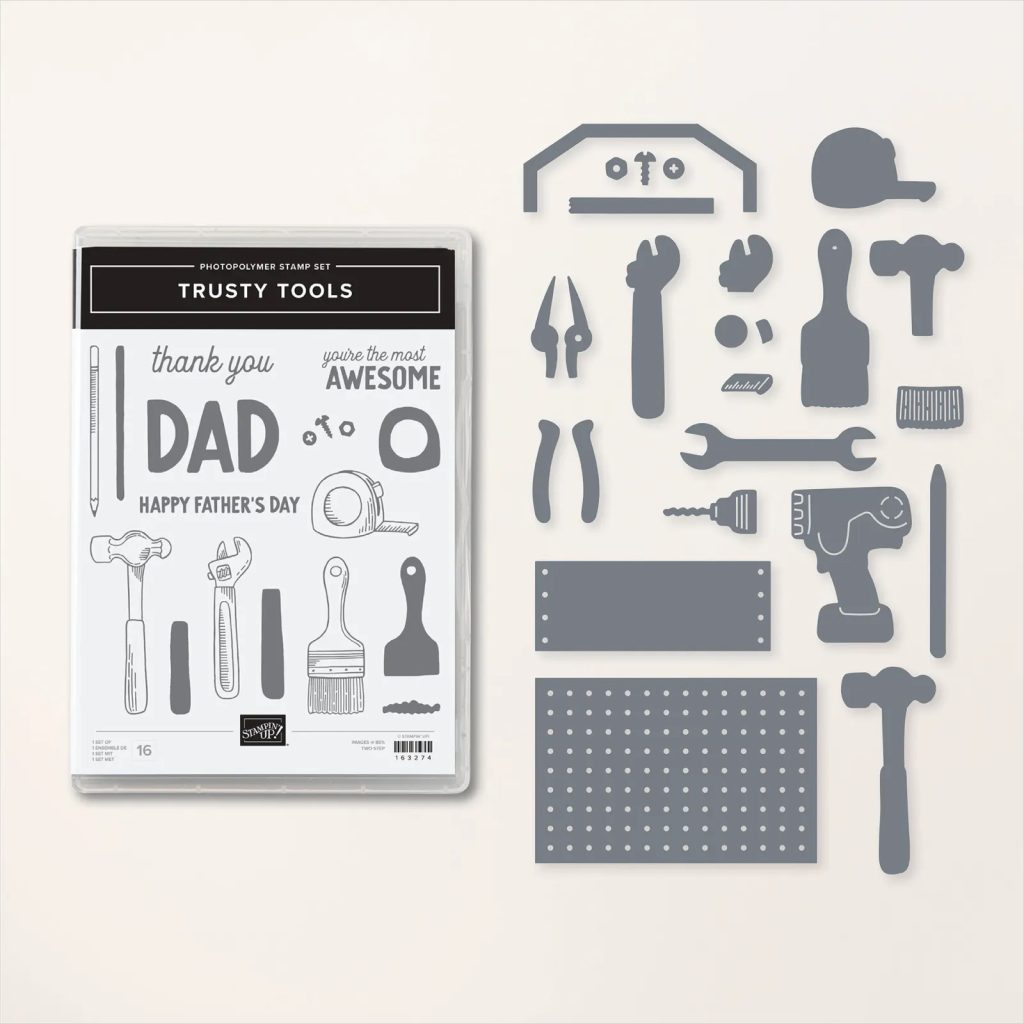 Image of the Trusty Tools Bundle of stamps and dies. This bundle contains images like a paintbrush, screwdriver, drill, and more.