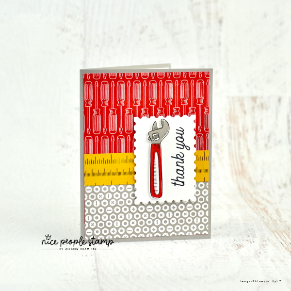 Image of a handmade card using the Trusty Tools Bundle of stamps and dies and Trusty Toolbox designer paper. Sentiment reads 'thank you'