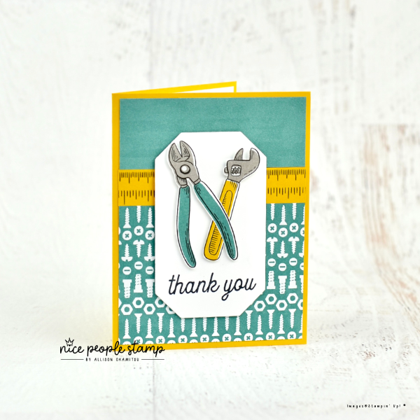 Image of a handmade card using the Trusty Tools Bundle of stamps and dies and Trusty Toolbox designer paper. Sentiment reads 'thank you'