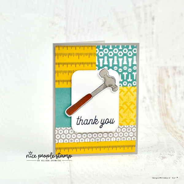 Image of a handmade card using the Trusty Tools Bundle of stamps and dies and Trusty Toolbox designer paper. Sentiment reads 'thank you'