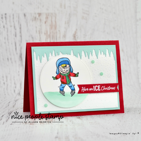 Photo of a handmade card with an ice skating child on the front and a sentiment that reads 'Have and ICE Christmas'. Featured products are the Dear Santa Stamp Set and Stampin' Blends Markers from Stampin' Up!