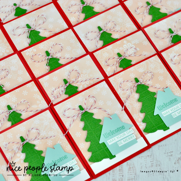 Photo of handmade tags for World Card Making Day Stamp Camp, featuring a tree and house. On the house it says 'Welcome, may your day be merry'. Featured products are Decorative Trees and Humble Home Bundles from Stampin' Up! 