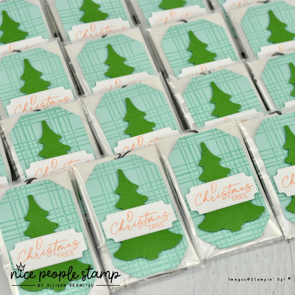 Photo of handmade tags for World Card Making Day Stamp Camp, featuring a tree. On the tag it says 'O Christmas tree'. Featured products are Decorative Trees Bundle and Sketched Plaid Stamp Set from Stampin' Up! 