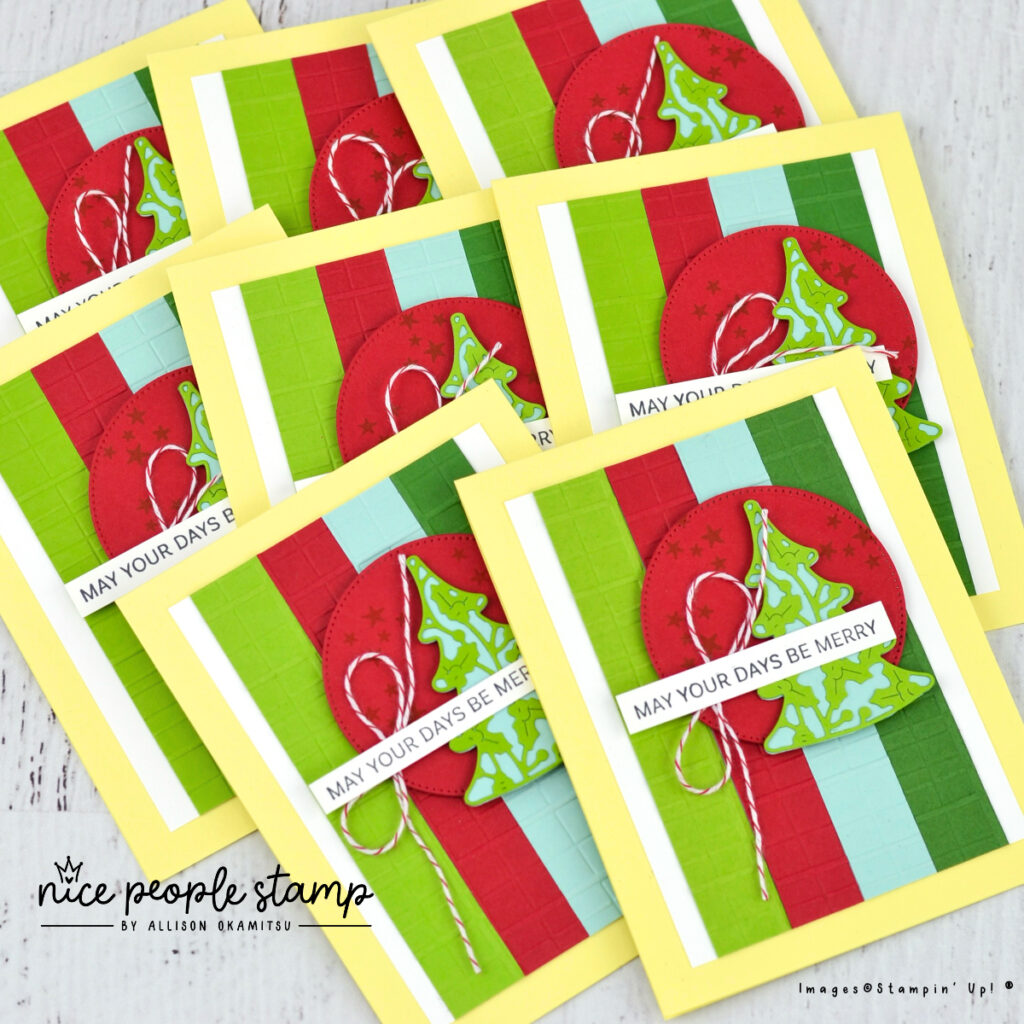 Bright and modern Christmas card featuring the Decorative Trees Bundle from Stampin' Up! 