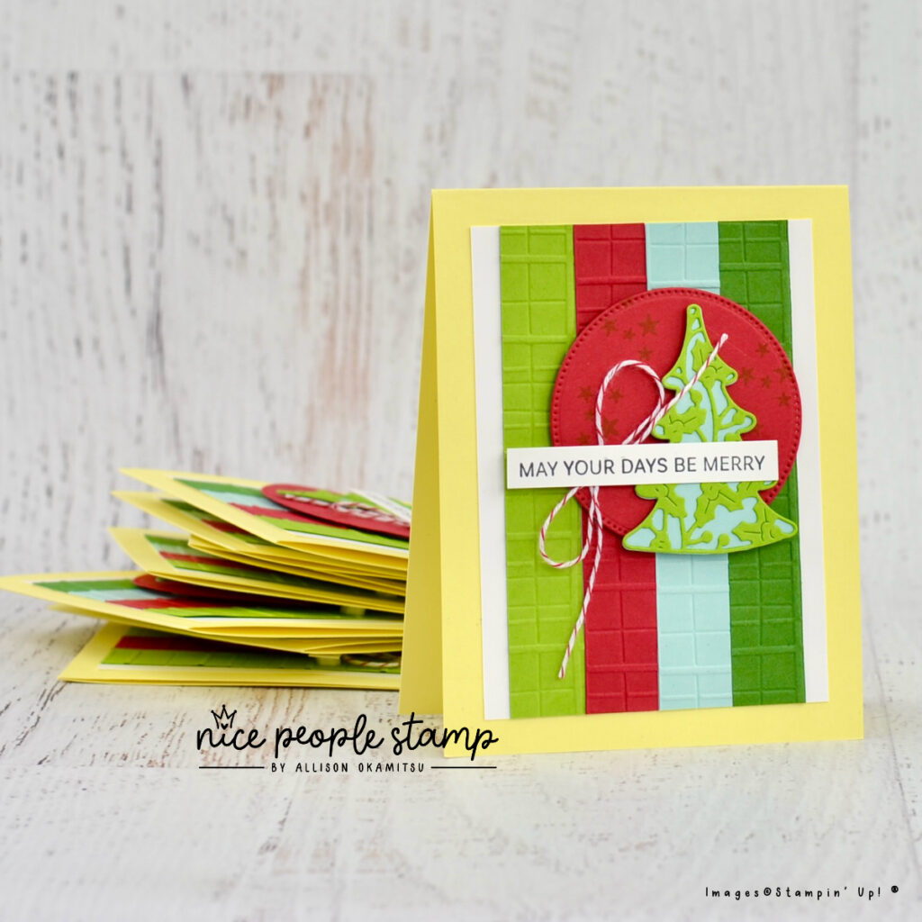 Bright and modern Christmas card featuring the Decorative Trees Bundle from Stampin' Up! 