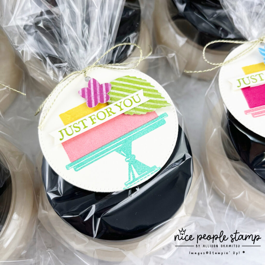 Card making retreat to go pillow gifts included a birthday cake scented hand scrub decorated with the Happy Hibiscus and Cake Celebrations Bundles from Stampin' Up!®