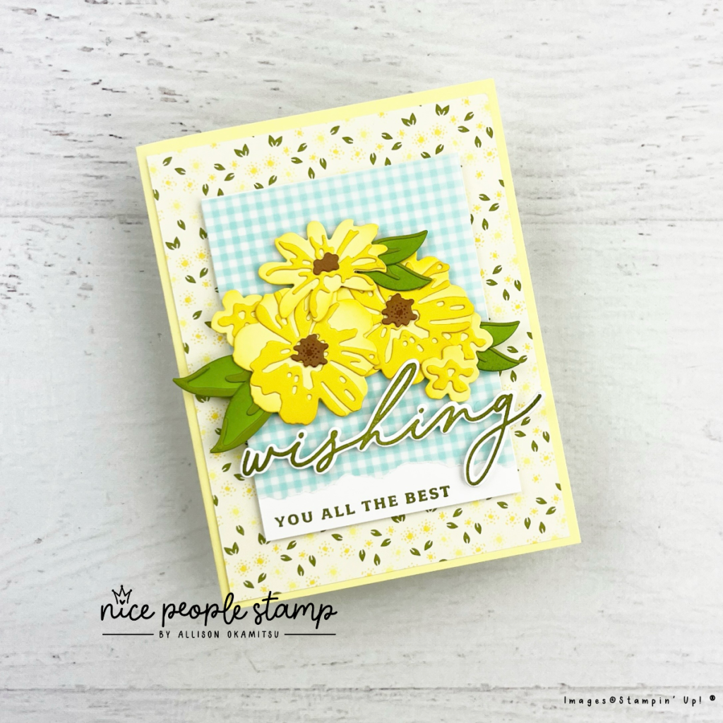 Create a beautiful Delightful Wishes card featuring the Delightful Wishes Bundle from Stampin' Up!® The coordinating Floral Delight Designer Paper and Floral & Gingham Vellum compliment the stamps and dies perfectly.