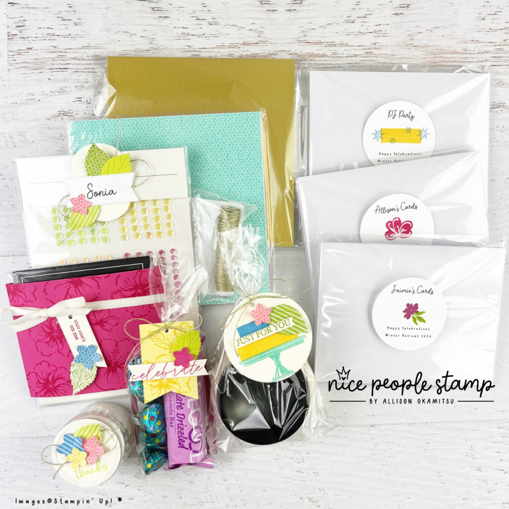 Card making retreat to go guests received a swag bag with a personalized name tag made with the Happy Hibiscus Bundle from Stampin' Up!®