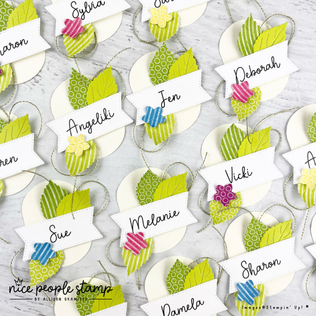 Card making retreat to go guests received a swag bag with a personalized name tag made with the Happy Hibiscus Bundle from Stampin' Up!®