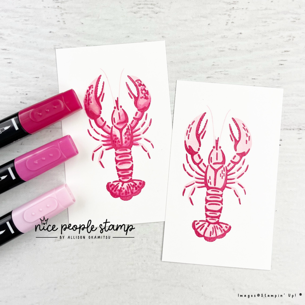 create dimension in stamped images with Stampin' Blends! The lobster and crab images from the Ocean Friends Bundle are beautiful stamped as intended, but look what we can achieve when we add Stampin' Blends into the mix!